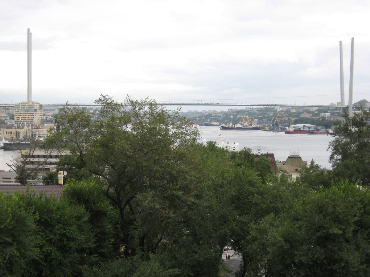 Панорамный вид на Владивосток и мост на остров Русский.