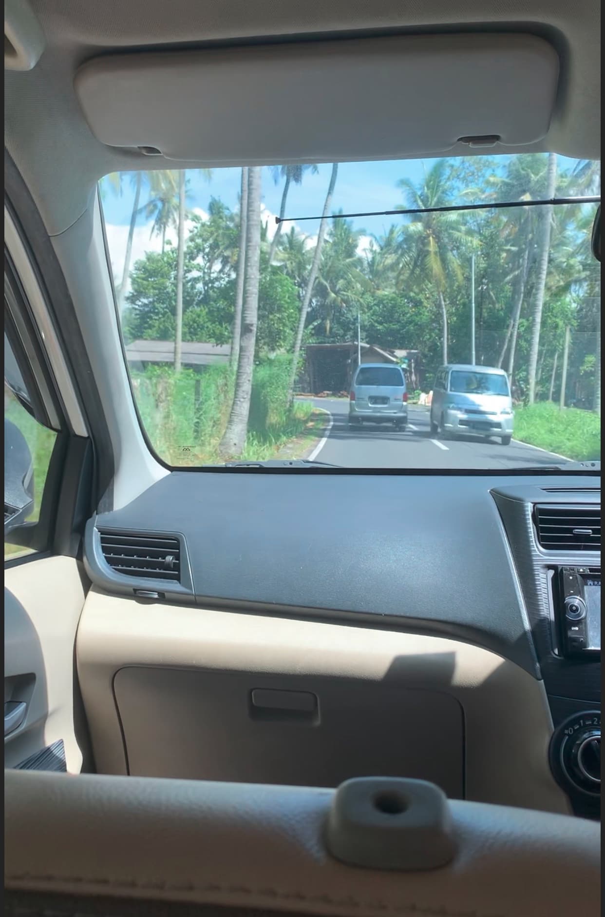 Вид с пассажирского сиденья праворульного автомобиля. По сторонам дороги пальмы.